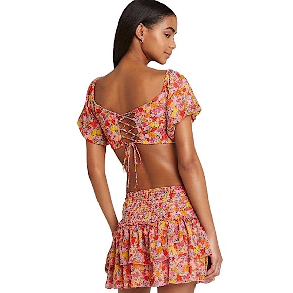 Wild Fable size Xxl Colorful Floral Puff Sleeve Sweetheart Neck Tiny Top NWT - Picture 2 of 11